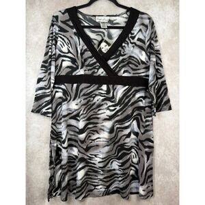 NWT VTG Y2K Carolyn Strauss Black Gray Zebra Print V Neck Tunic Dress Size Med‎